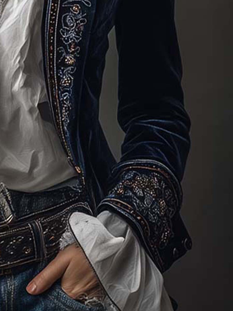 Chaqueta larga bordada en azul marino